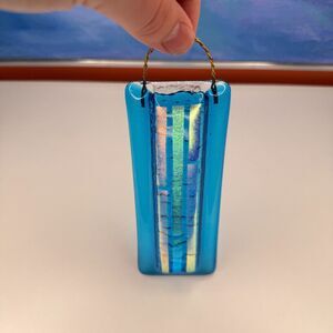 Fused Glass Wall Pocket Vase Blue Iridescent Hanging Glass Bud Vase Handmade